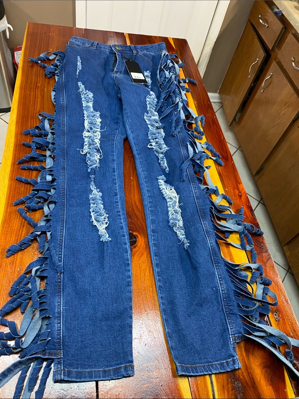 Purple Candy Blue Skinny Jeans with Side Fringe and Distressed Panels
